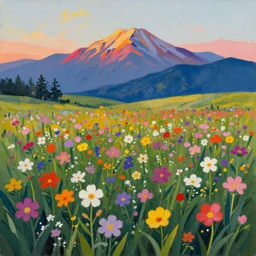 beautiful field of flowers, mountain sunrise, painted by Peter Max, trending on artstation
