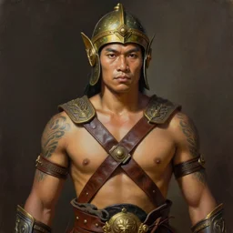 smart tai warlord, closeup portrait, historical, ethnic group, sukhothai costume, bronze headset, fantasy, intricate, with leather armor cross on bare chest, tai body tattoo, elegant, loin cloth, highly detailed, oil painting, artstation, concept art, matte, sharp focus, illustration, hearthstone, art by earl norem