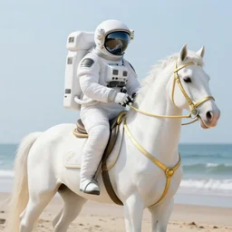 futuristic astronaut riding a horse, white, clean gold lines, intricate details, hyper realistic, beach, octane render, ambient occlusion, 8 k