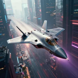 a photo of futuristic sci - fi fighter jet hurtling through a cyberpunk city, skyscrapers, neon, reflections, epic, octane render, volumetric lighting, haze, raytracing, 8 k