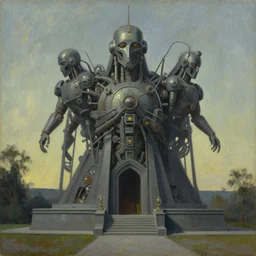 a shrine to an ancient technological god, ( ( ( grant wood ) ) ), pj crook, ( ( ( edward hopper ) ) ), oil on canvas