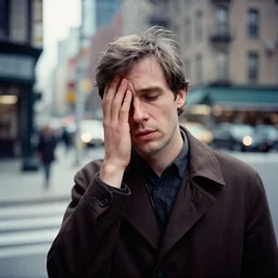 emotional dramatic man portrait photographed with analog medium format fuji gw 6 9 0 in new york, 1 9 6 0 s film street photography, vintage expired colour film photograph