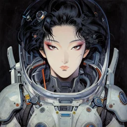 a beautiful ukiyo painting of cyberpunk woman, wearing space techwear, detailed symmetrical close up portrait, intricate complexity, by takato yamamoto, wlop, krenz cushart. cinematic dramatic atmosphere, sharp focus