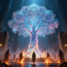 a holographic tree of life at the gate of a cyberpunk city, raining, ghosts of lost souls in front are being hit by the fire, fantasy art, art by greg rutkowski and artgerm, amazing detail, hd, illustration, epic, intricate, elegant, artstation, concept art, smooth, sharp focus, cinematic