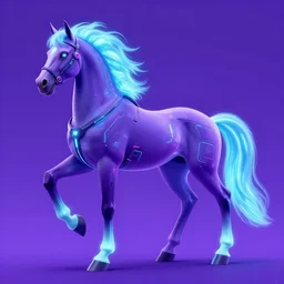 a stunning cyberpunk horse with bioluminescent mane and bioluminescent tail and neon hooves by sandra chevrier and greg rutkowski and wlop, purple blue color scheme, vaporware, retro, outrun, high key lighting, volumetric light, digital art, highly detailed, fine detail, intricate, ornate, complex, octane render, unreal engine, photorealistic