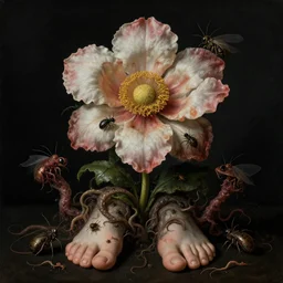 disgusting hellish disturbing strange dutch golden age bizarre mutant flower floral still life with many human toes realistic human toes blossoming everywhere creepy insects very detailed fungus tumor disturbing tendrils bizarre slimy forms sprouting up everywhere by rachel ruysch christian rex van minnen black background chiaroscuro dramatic lighting perfect composition masterpiece high definition 8 k 1 0 8 0 p