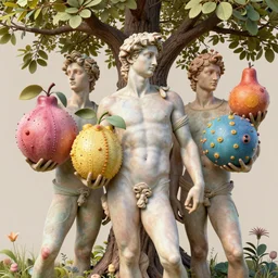 beautiful hyperdetailed cyber humans under a tree, holding huge interesting elaborate coloured fruits. in the style of Michelangelo, with liberty and flemish baroque mixed media details. vibrant vivid 3d textures in natural pastel tones. matte background HD 8x