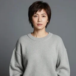 filipino woman with short hair wearing an oversized sweater, portrait, colored photo, clear face, by annie liebovitz, david bailey, nan goldin