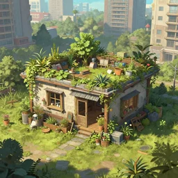a cozy farm house in a city, flat roof, surrounded by plants, overgrown, solarpunk concept art