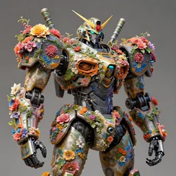 colourful vfx art - portrait of army mecha robot wrapped in flowers & vines, art by utagawa kunisada & james jean, volumetric light, ray tracing, sharp, detailed, digital painting, illustration, highly detailed, intricate detail, unreal engine, octane render, pinterest, behance, art station,