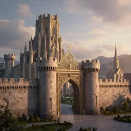 highgarden castle from westeros at dawn, jeweled architecture, massive gates, tower keep, ornate ironwork, detailed infrastructure by greg rutkowski, artstation and frank lloyd wright, extremely hyperdetailed, intricate construction, ramparts, church, mountains, clouds, uhd