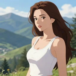 gorgeous woman, wearing : tanktop, hair : long brown, extra : scenic view and mountain landscape, artstyle : high definition anime and ilya kuvshinov