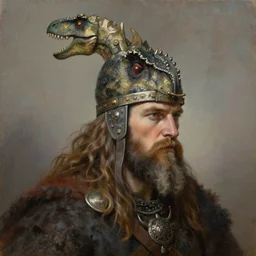 portrait painting of viking berserker with a dinosaur headdress, by jeremy mann, only one head single portrait