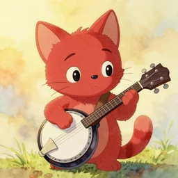dreamworks, ghibli, disney, watercolours, a red little kitten playing banjo, clothed, golden hour, digital art, faces study, concept art, white background, textured paper