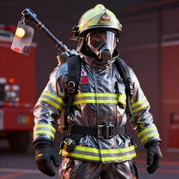 firefighter, 8 k uhd, unreal engine, reflected chrome octane render in the artstyle of greg rutkowski
