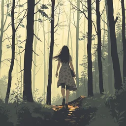 woman walking through forest, broken proportions illustration