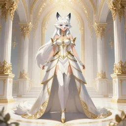 commissioned full body portrait of a female anthro wolf princess fursona with white hair wearing a white and gold dress in a white and gold palace, by Wlop and jerry park, artstation, detailed