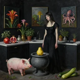 realistic painting of a witchy female artist's kitchen, black dripping walls, tall emo girl, stone cauldron, a pig, a pear, paintings on black walls, pomegranate, bromeliads, herbs, octopus, courgettes, berries, zen, sensual, surrealist painting by magritte and rousseau