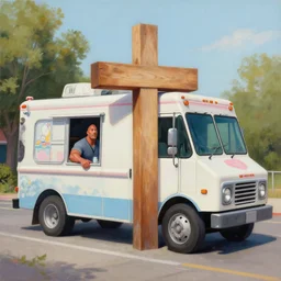 realistic still of painting of cross between an ice cream truck and dwayne johnson, by greg rutowski, biomorphic, hybrid, 8 k, 8 5 mm, f. 1 4, beautiful composition,