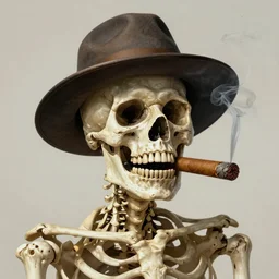 stunning portrait of a skeleton wearing a hat and smoking a cigar, hyperrealism, photorealistic art, digital arts, intricate details and composition, surreal colors, 4 k, 8 k, artstation