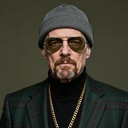 Walter White with aviators and a grey beanie while wearing a black turtleneck and plaid green blazer with golden chains around his neck, Realistic, 4k Resolution, 8k Resolution, Detailed, Very Detailed, Highly Detailed, HD Quality, Digital Art, Trending on Artstation, in the style of James Lee, Headshot