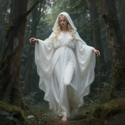 half - length portrait of the goddess of memory descending over a forest, white hood, white robes, blonde, fantasy, magical, realistic and detailed, spiritual, supernatural, intricate, elegant, highly detailed, digital painting, trending on artstation, by wlop, 4 k octane render
