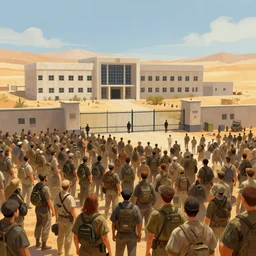 large millennial crowd in front of a | modern! prison! locked down government security military gate | in the hot desert trending on artstation digital paint 4 k render
