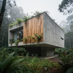 a brutalist architecture concrete house with overgrown plants. the house stands in a forest. wooden planks facade. photo of the entire house. designed by alejandro aravena. 1 6 mm lens, morning fog, cinematic, award winning