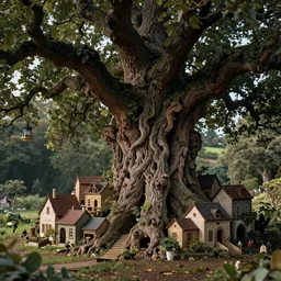 miniature Renaissance village inside of a carved out giant oak tree, ultrarealistic, cinematic, highly detailed, dramatic lighting, award winning photography, 8k