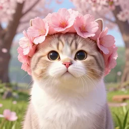 a cute cat with a sakura fur wearing a flower hat, fine details, vibrant setting, realistic shading, art style by ilya kuvshinov, katsuhiro, artgerm, jeremy lipkin, michael garmash, nixeu, unreal engine 5, radiant light, ultra detailed, intricate environment