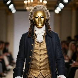portrait of a 2 1 st century fashion show featuring men's wear based in 1 7 5 0's england, fashion photography, elaborate lights. mask on face, accurate details, ultra hd, beautiful background