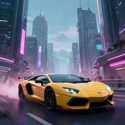 epic digital art of photorealistic synthwave lamborghini driving through futuristic neon cyberpunk city towers, faint tall mountains in background, wlop, pixiv, by visualdon