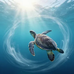 tropical sea turtle, ethereal, swirling fluid, ocean, abstract, swimming towards the sunlit surface, rays of sunlight, hyper detailed, film still, cinematic,