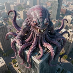 A very giant Kraken-like multi-eyed monster jumped up on a office building and wrapped his tentacles all around him. High detail, aerial view, photorealism, concept art, octane render, zoom, close-up, 8k