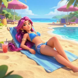 beautiful render of pool party Caitlyn (league of legends) laying down in hawaii beach, 3d, octane render, realistic, highly detailed, Disney