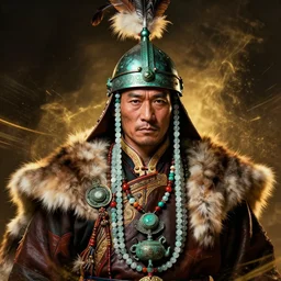 beautiful portrait depicted an tai ethnic group warlord, andy liu face, clothed with an glass canelian agate beads, dongzon bronze artifacts, leather, elegant and rich cloth made of fur and leather. he wears on head a helmet made of bronze, feathers. by daniel f. gerhartz and artgerm and greg rutkowski. dark fantasy art, energetic mood, golden ratio composition, dynamic lighting, trending on artstation, poster, volumetric lighting, 4 k