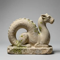 statue of ouroboros, sandstone, a little mossy, studio photography