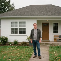 a 1 9 2 0 s photograph of a man next to a house