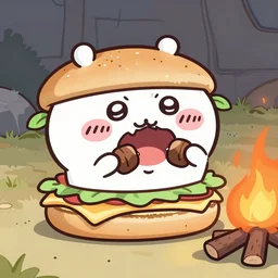 a smore sandwich, anthropomorphic, with face and mouth, 4 k, chewing on a human, by a campfire