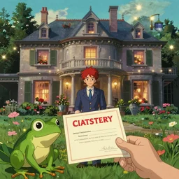 a red headed man receiving a subpoena from the fbi at his mansion, ultra photorealistic film still in new york. sparkling lights, wide shot, frog perspective, ultra sharp, wes anderson, studio ghibli, pixar and disney animation, octane render, anime key art by greg rutkowski, bloom, dramatic lighting