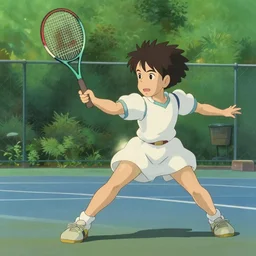 digital art of anatomically correct kids playing tennis by studio ghibli