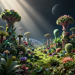 photo of a beautiful alien landscape, on an alien planet, lush vegetation made up of alien plants