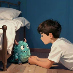 a boy finds a small monster under his bed, whimsical, fantasy, elegant, digital painting, artstation, unreal engine, octane render, concept art, matte, sharp focus, vibrant colors, high contrast, illustration, art by justin gerard