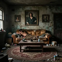 a dingy den, dim lighting, old torn couch in center, coffee table, lots of cans and garbage around, large circular rug, stoner artifacts, caravaggio, chris mullins