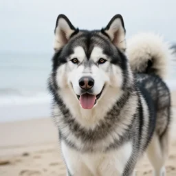 portrait of an alaskan malamute at the beach