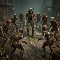 steampunk zombies going crazy, 3d scene, render, ultra realistic, zenith view, Greg Rutkowski, artstation, cgsociety, level design, unreal engine, 3d scene, render, ultra realistic, zenith view, Enki Bilal style