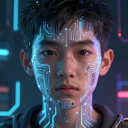 an intricate, detailed face of a asian boy, skin made of electronic glowing circuits with laserbeams transporting energy,  ferrofluids  in background, unreal engine, trending on artstation, bladerunner 2049