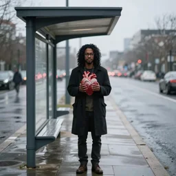 lonely black man with long curly hair, wearing glasses, holding a real heart, waiting at the bus stop on moody weather, rinat voligamsi