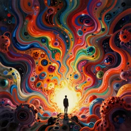 a lone human at the edge of the abyss, fluid, smooth, organic, crazy, bright, colours, tumours, high contrast, sharpness, dramatic, very detailed, intricate, by giger and corben and moebius and beksinski and bosch and bacon