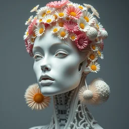 stunning porcelain ivory fair face woman biomechanical cyborg, close - up, sharp focus, studio light, iris van herpen haute couture headdress made of rhizomorphs, daisies, brackets, colorful corals, fractal mushrooms, puffballs, octane render, ultra sharp, 8 k